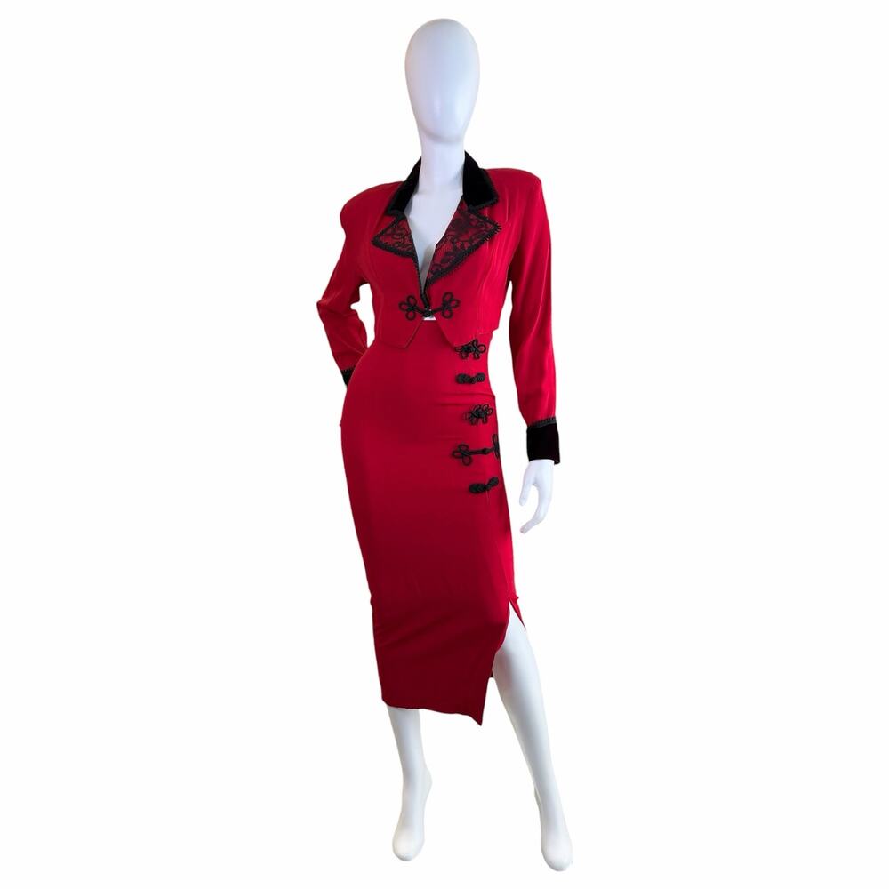 1990s Vintage Fire Los Angeles Red Skirt Suit | Black Velvet Frog Closure